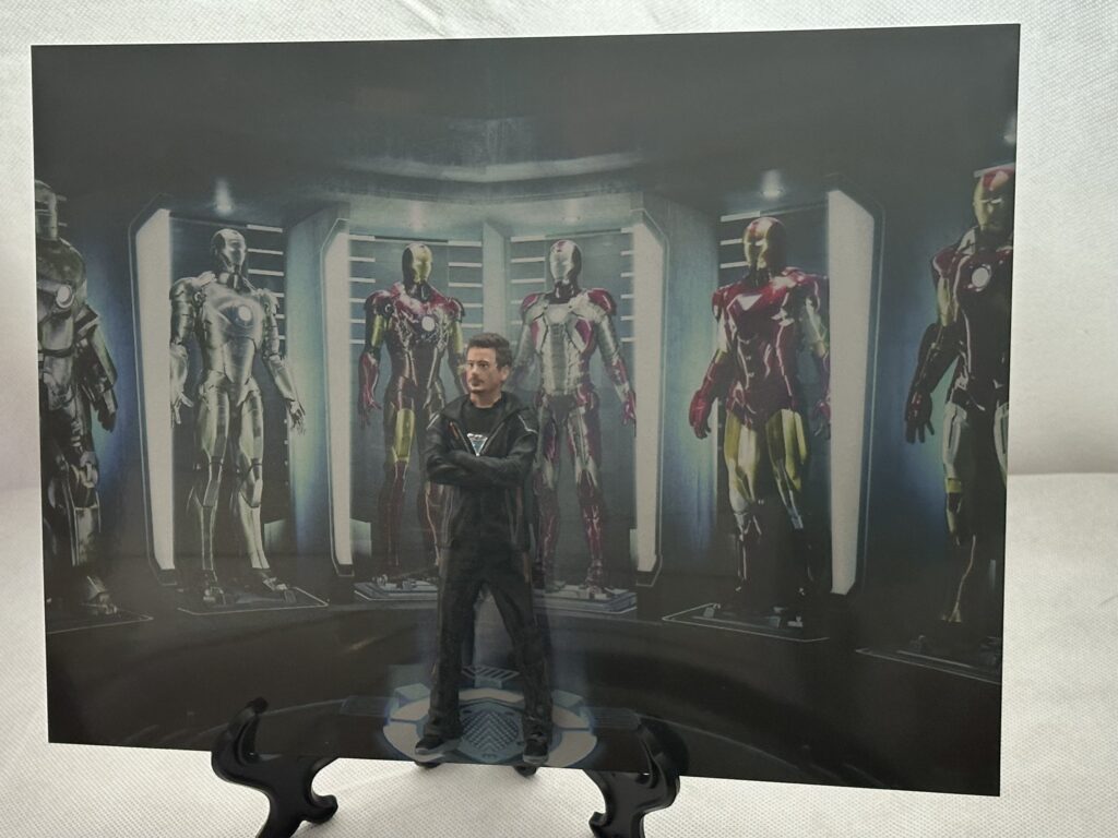 Superhero edition collectable figure and display (The mechanic), custom background. Includes stand and wall attachment