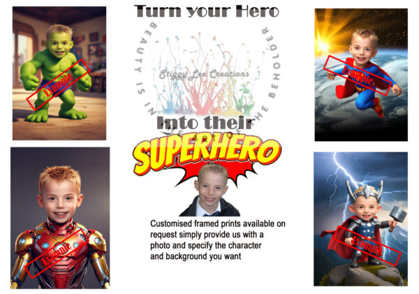 A3 White framed custom caricature. (Superhero) - Image 2